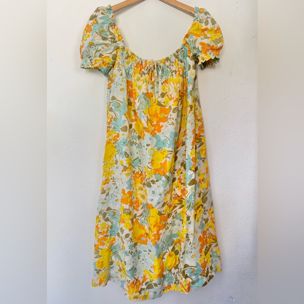 Faithfull the Brand Canales Annika Floral Linen Yellow Orange Dress Size US 2 XS